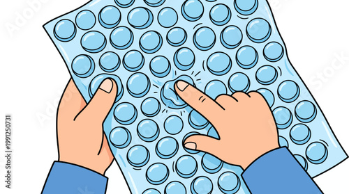 Close up illustration of hands popping bubbles on a blue bubble wrap sheet for stress relief