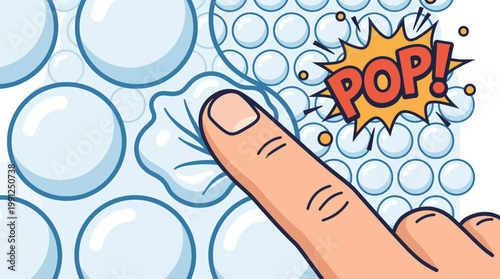 Macro illustration of a finger popping blue bubble wrap with a comic style pop sound effect