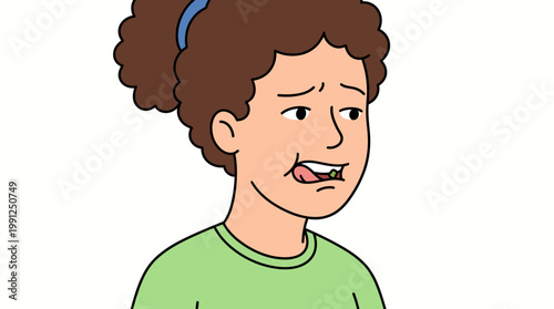 Illustration of a woman using her tongue to try and remove a small piece of food stuck in her teeth