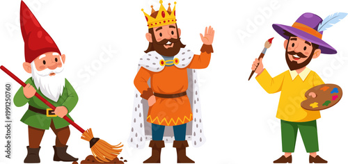 Fantasy Character Set with Garden Gnome King and Painter Cartoon Costume Illustration Collection
