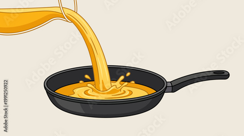 Oil or sauce pouring into a black frying pan with a splash