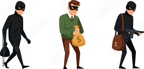 Cartoon burglars set with masked thief characters carrying money bag and weapon isolated flat vector illustration collection