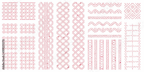 Collection of vintage red embroidery stitch patterns on a white background