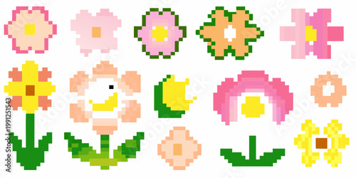 Schilderij op canvas Arrangement of colorful pixelated flower graphics in various styles