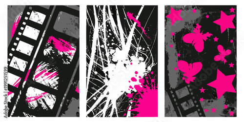 Принти на полотні Abstract triptych featuring film splatters and bright pink star shapes