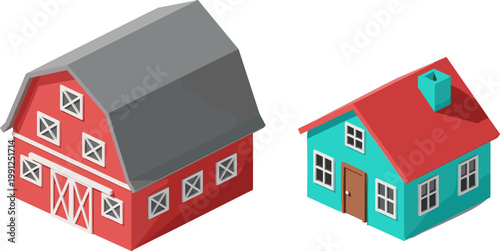 Farm Barn and Residential House Illustration Set Featuring Rural Agricultural Building and Cozy Home Exterior for Real Estate, Countryside Living, and Architecture Design