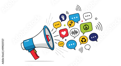 Colorful megaphone broadcasting various social media and activism icons.