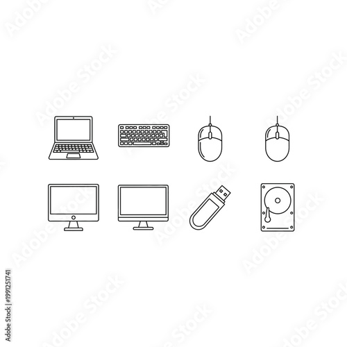 Outline icons set of computer hardware peripherals with laptop keyboard monitors