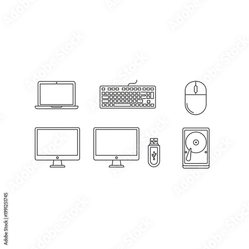 Collection of outline computer hardware and peripheral device icons