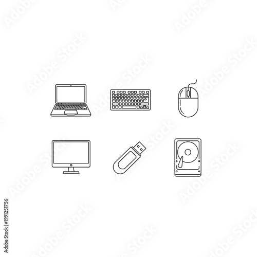 Set of outline icons for computer hardware and peripheral devices with computer