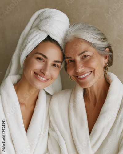 Mature mother and adult daughter smiling in white bathrobe and towel, beauty skincare spa portrait for mothers day campaign