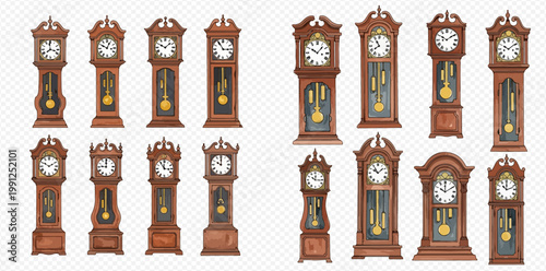 Collection of antique grandfather clocks in various styles and designs, showcasing vintage timekeeping devices.