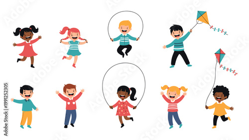 Diverse group of happy children playing and jumping together with skipping ropes and colorful kites on white.