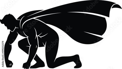man in superhero cape crouching down to run, ready for action, dynamic pose