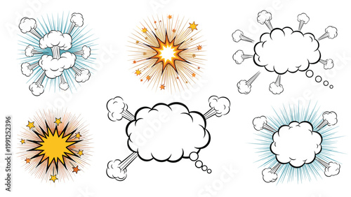 Collection of comic book style explosions and burst speech bubbles with stars and puffs of smoke on white.