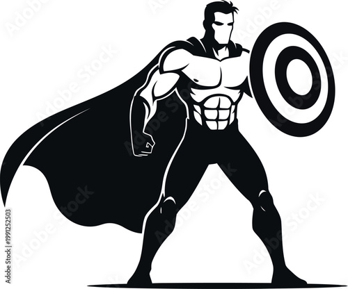 Muscular superhero with cape and shield standing strong in black silhouette, ready for action