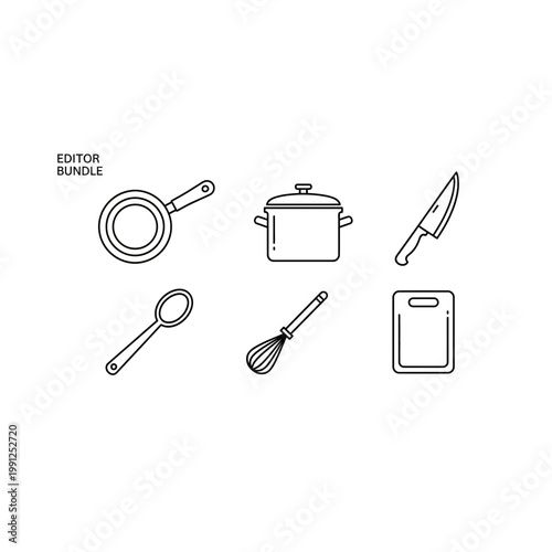 Minimalist kitchenware bundle with essential cooking tool icons, culinary