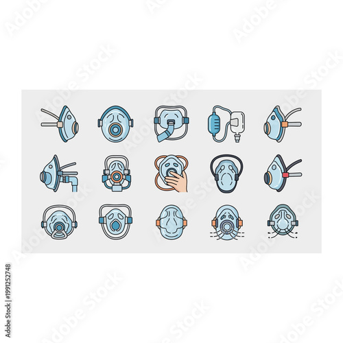 Respiratory support and medical oxygen mask graphic icon set with respiratory