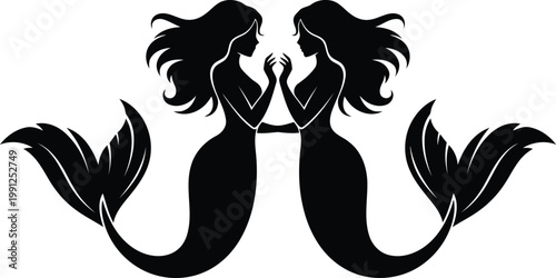 Black silhouette of two mermaids facing each other with joined hands and flowing hair