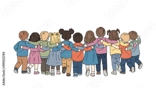 Group of diverse children stand in a row with their arms around each other as they look away from the camera in a show of unity.