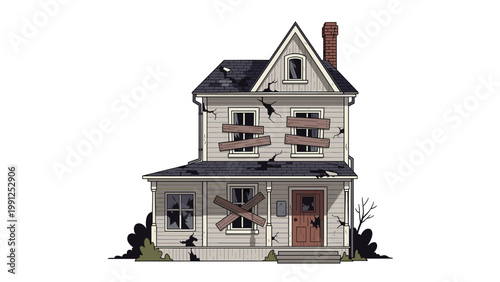 Old abandoned two-story house with boarded-up windows and cracks in the walls stands alone on a plain white background.