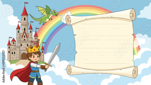 Magical fantasy scene featuring a young knight with a sword, a tall castle, a green dragon, and a rainbow under a blue sky.