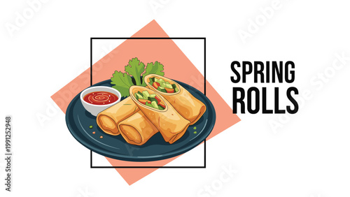 Plate of golden brown spring rolls served with fresh cilantro and a small bowl of spicy red dipping sauce for a tasty snack.