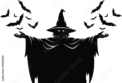 halloween witch silhouette with bats flying around on white background for spooky decorations