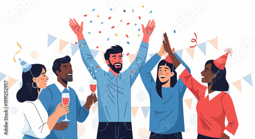 Diverse group celebrating with hands up.