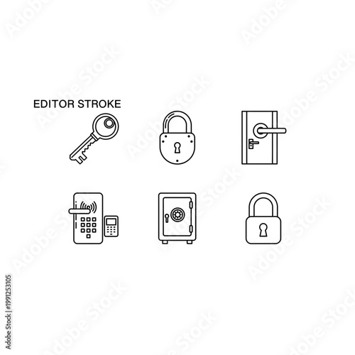 Selection of icons for security and access: key padlock safe door handle