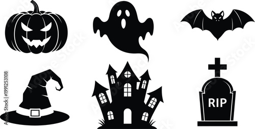 Halloween icons set including pumpkin, ghost, bat, witch hat, haunted house, tombstone