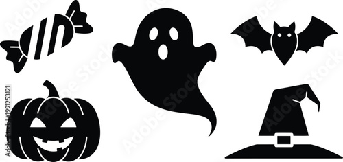 Black halloween icons set including ghost, pumpkin, candy, bat and witch hat on white background