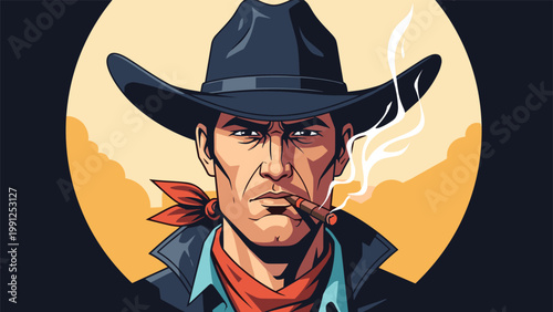 Rugged cowboy wearing a wide-brimmed hat and a red bandana smokes a cigar against a golden sunset background.