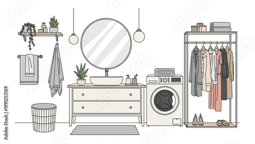 Clean and modern bathroom features a white vanity, a round mirror, a washing machine, and an open clothing rack.