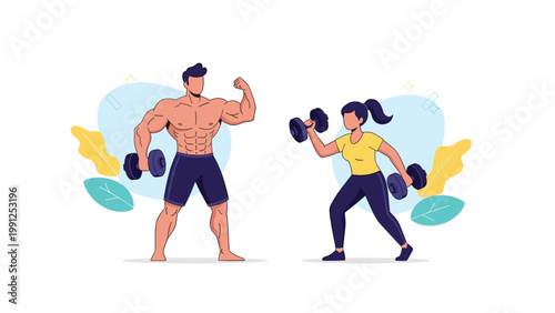 Athletic man and woman are focused while lifting dumbbells during a workout session with colorful abstract shapes behind them.