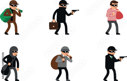 Cartoon thief characters set with burglars carrying bags and weapons sneaky criminals illustration collection isolated on white background