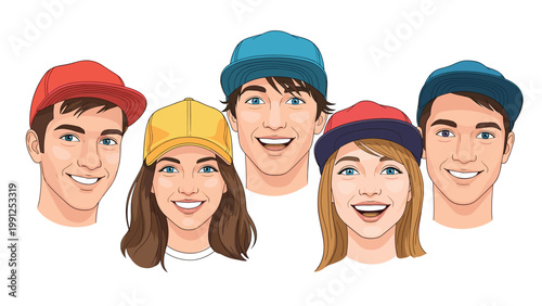 Group of smiling diverse young men and women wearing different colored baseball caps shown from the shoulders up in a flat art style.