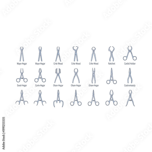Collection of surgical and medical instruments with surgical, instrument