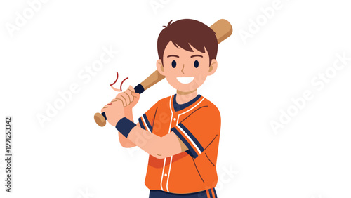 Happy young boy in an orange baseball uniform holding a wooden bat and ready to swing at an incoming ball in a sports illustration.