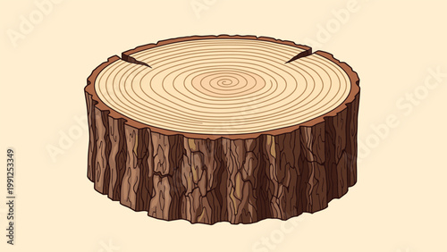 Isometric view of a brown tree stump with textured bark and visible concentric annual growth rings on the flat top surface.