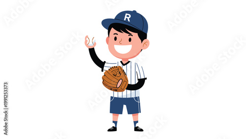 Smiling young boy wearing a striped baseball uniform and blue cap holding a ball and wearing a leather glove in a pitcher stance.