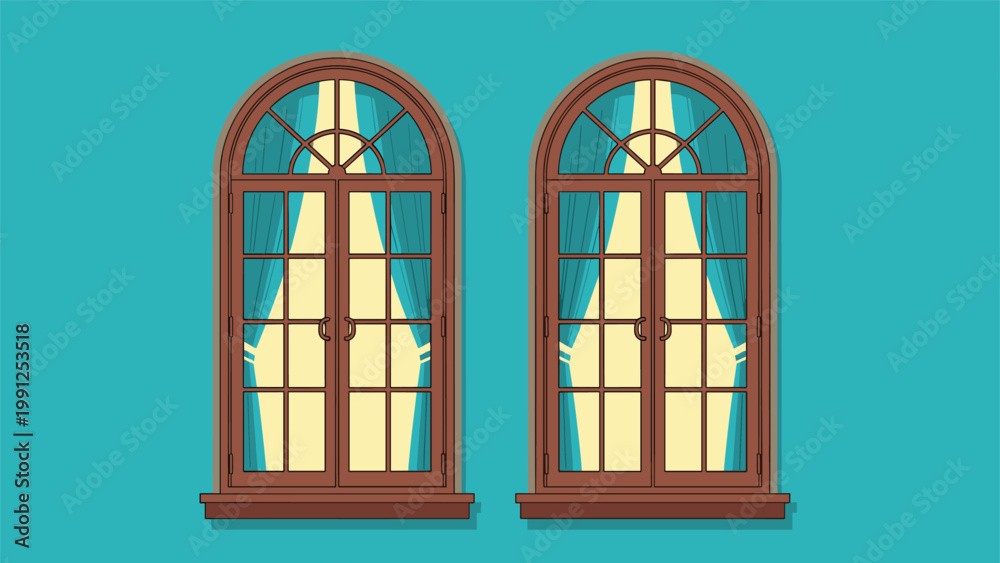 Obraz premium Pair of large arched wooden windows with multiple panes and elegant teal curtains revealing a bright yellow glow from inside.