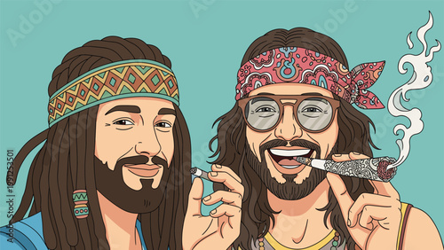 Two cheerful hippie men with long hair and beards wearing colorful headbands and glasses while smiling and smoking.
