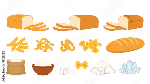 Collection of bread and grain products including sliced loaves, buns, pasta, flour, and sugar cubes shown on a white background.