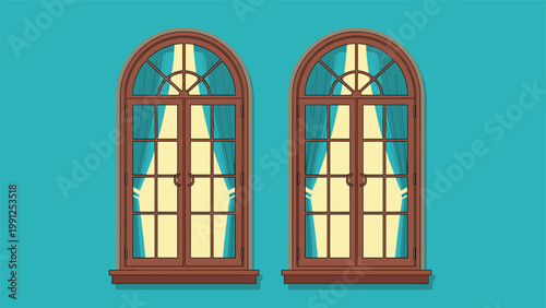 Pair of large arched wooden windows with multiple panes and elegant teal curtains revealing a bright yellow glow from inside.