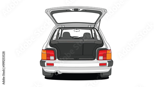 Detailed rear view of a white hatchback car with its trunk door open showing the dark interior space for storage.