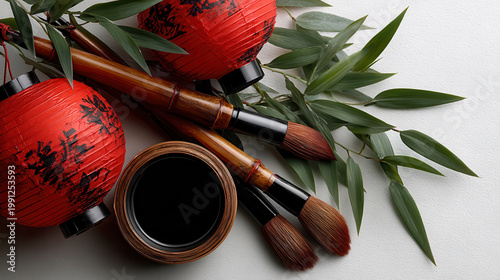 Chinese lanterns and brushes create festive atmosphere perfect for poem on festival of creativity and tradition