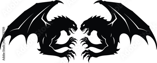 black silhouette of a pair of dragon wings with claws on white background for tattoo or sticker