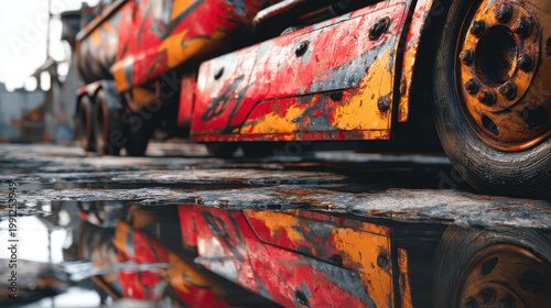 Overturned truck on highway creates striking scene with vibrant colors reflected in puddles on ground