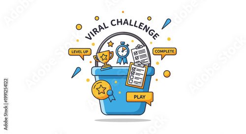 Viral Challenge Illustration with Bucket Trophy Medal and Checklist.